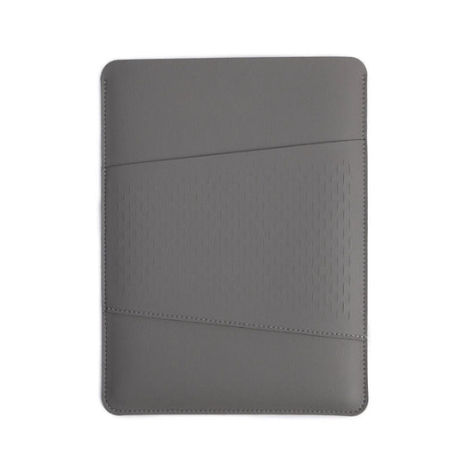 Front view of 2-in-1 slim leather MacBook sleeve - dark gray.