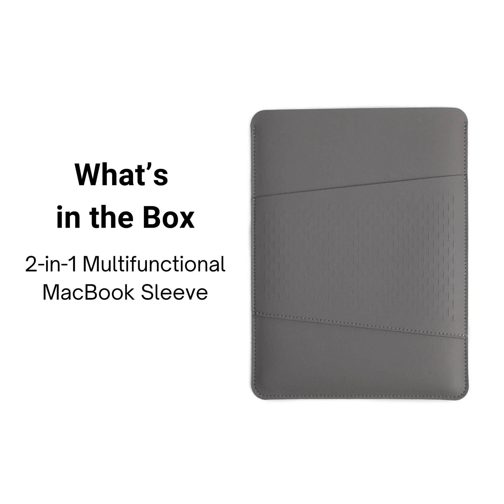 Packaging view of 2-in-1 multifunctional slim leather MacBook sleeve - dark gray.