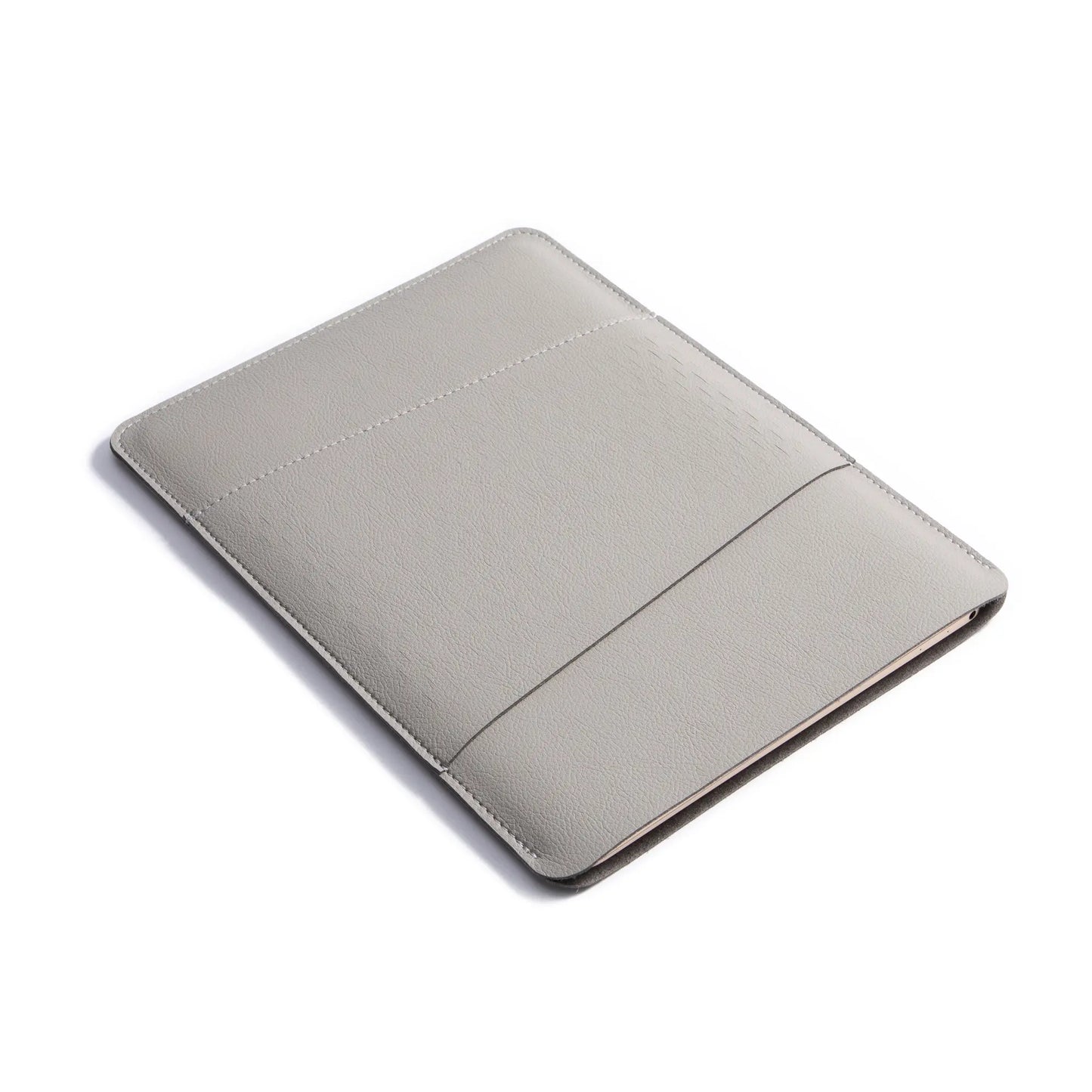 Closed view of 2-in-1 slim leather MacBook sleeve - light gray.