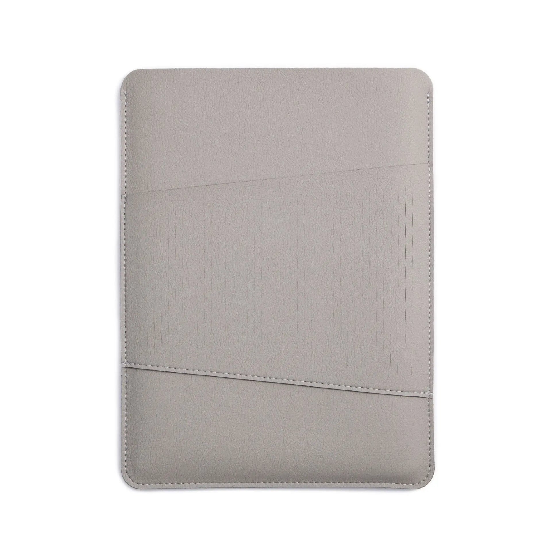 Front view of 2-in-1 slim leather MacBook sleeve - light gray.