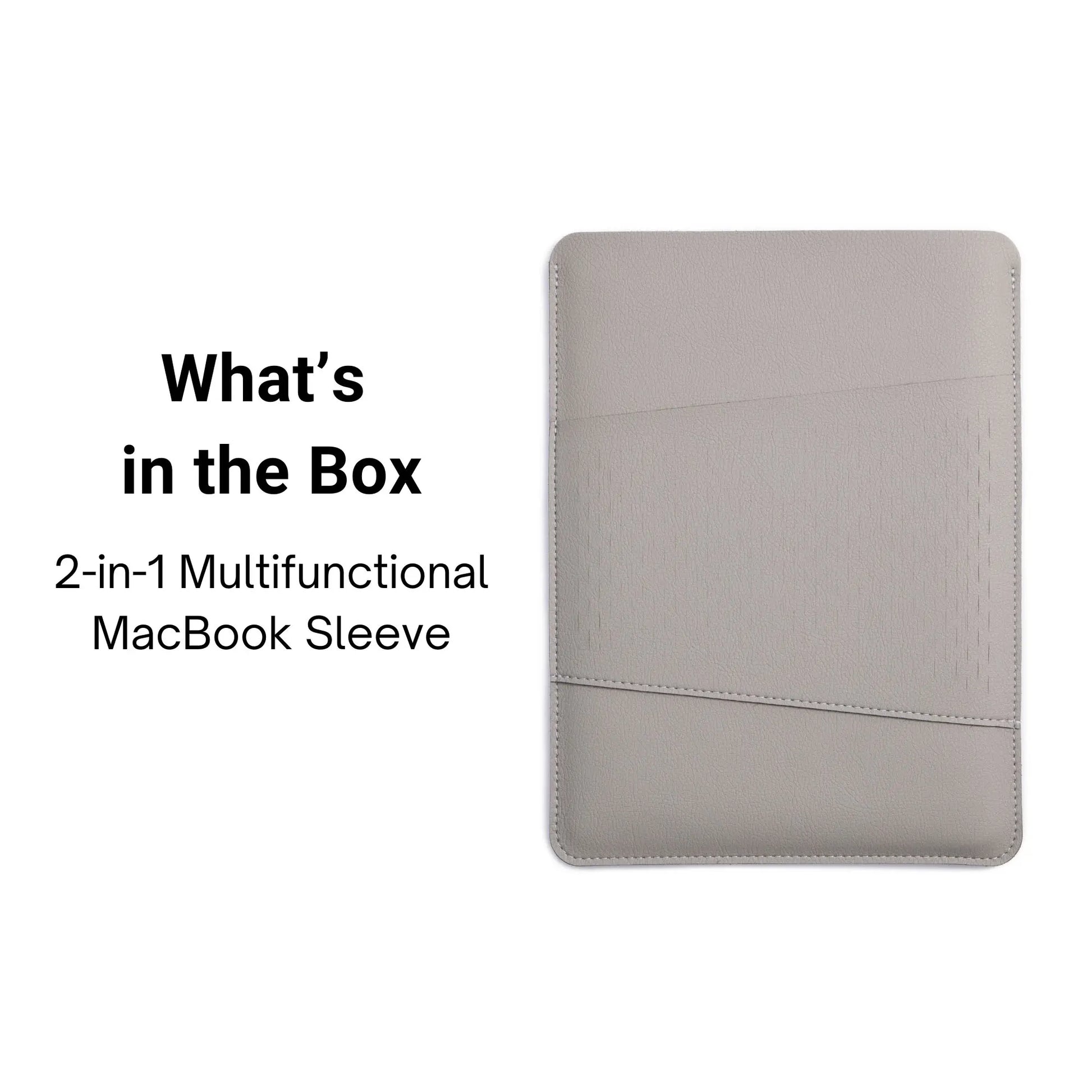 Packaging view of 2-in-1 multifunctional slim MacBook leather sleeve - light gray.