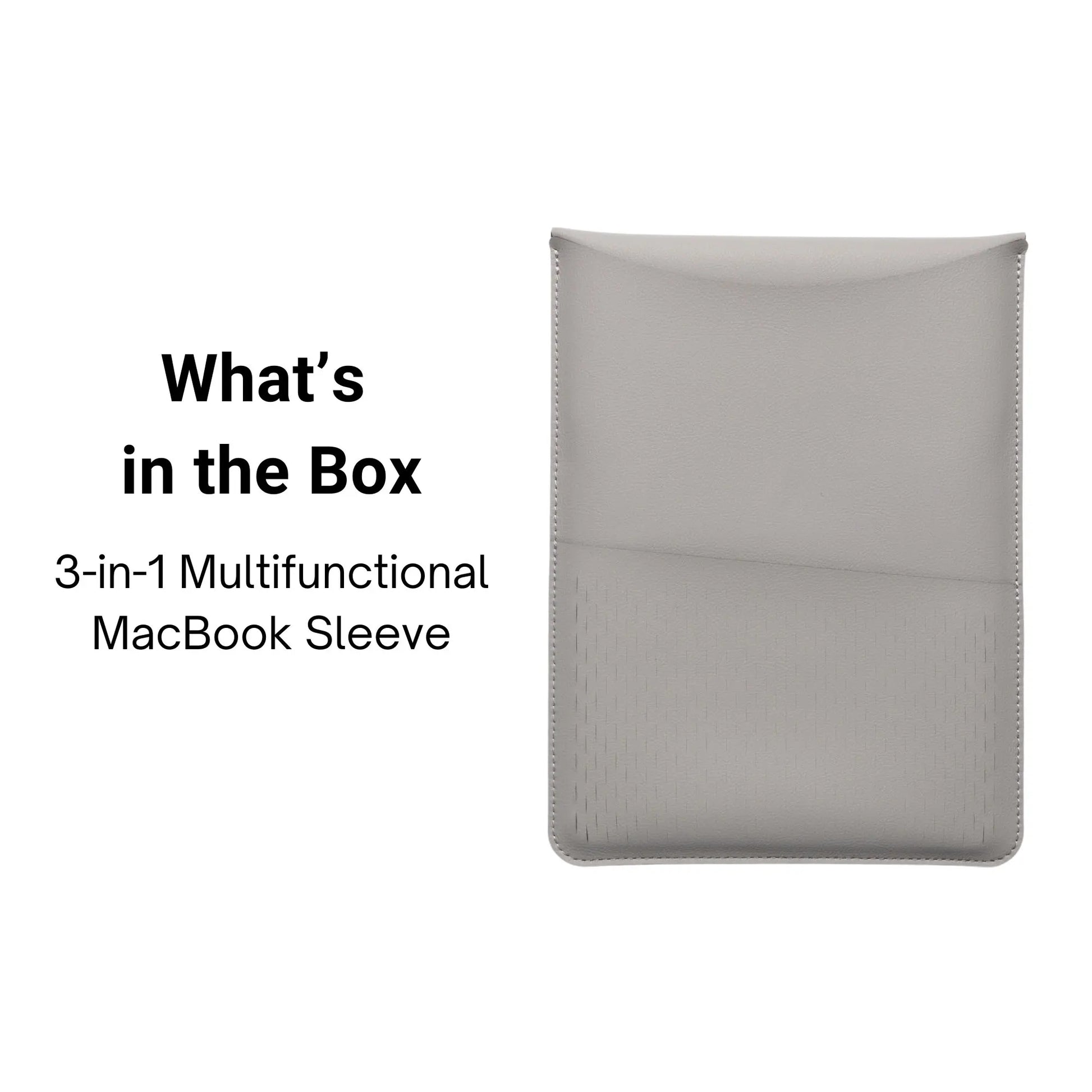 Packaging view of slim 3-in-1 MacBook leather sleeve - light gray