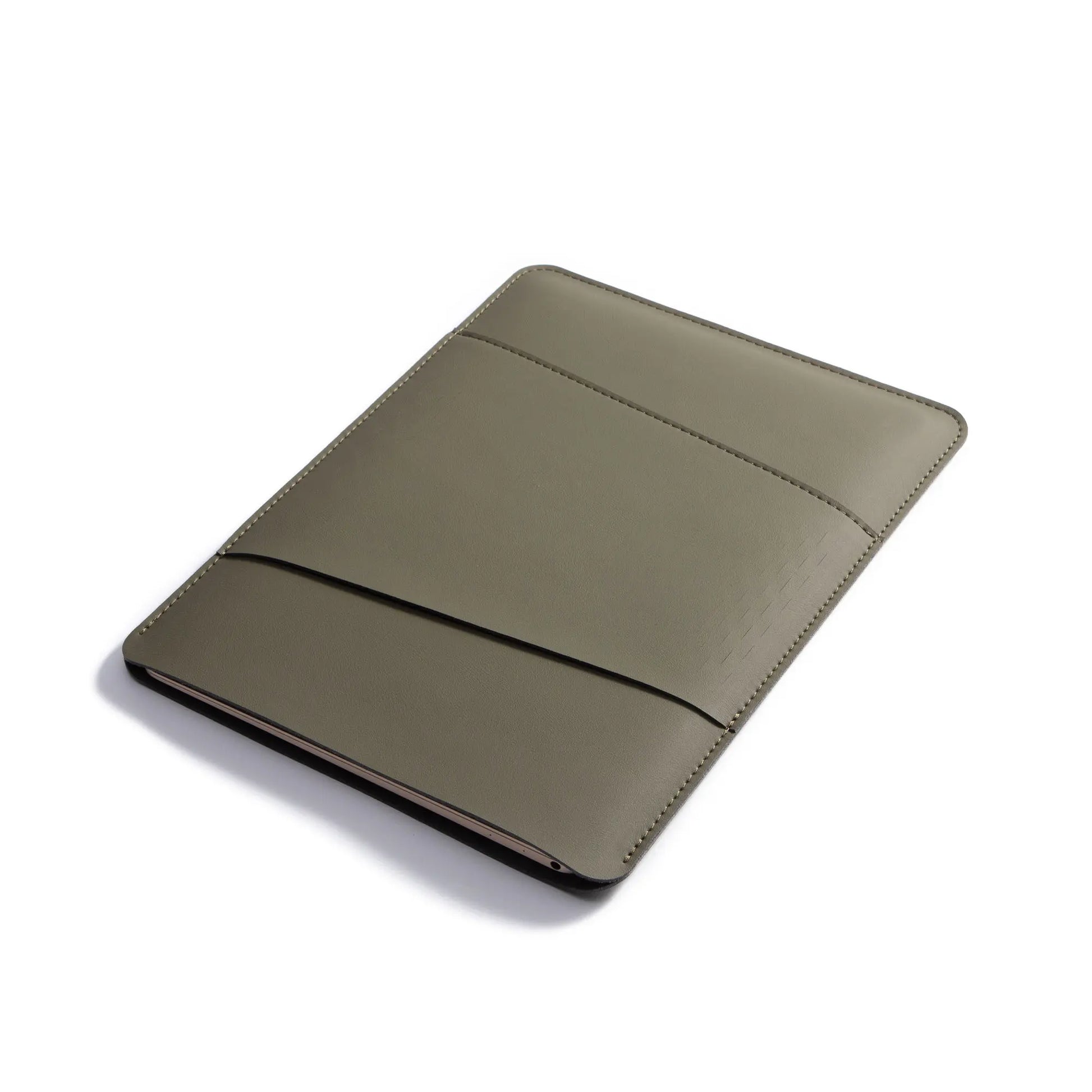 Closed view of antibacterial 2-in-1 multifunctional MacBook sleeve - olive green.