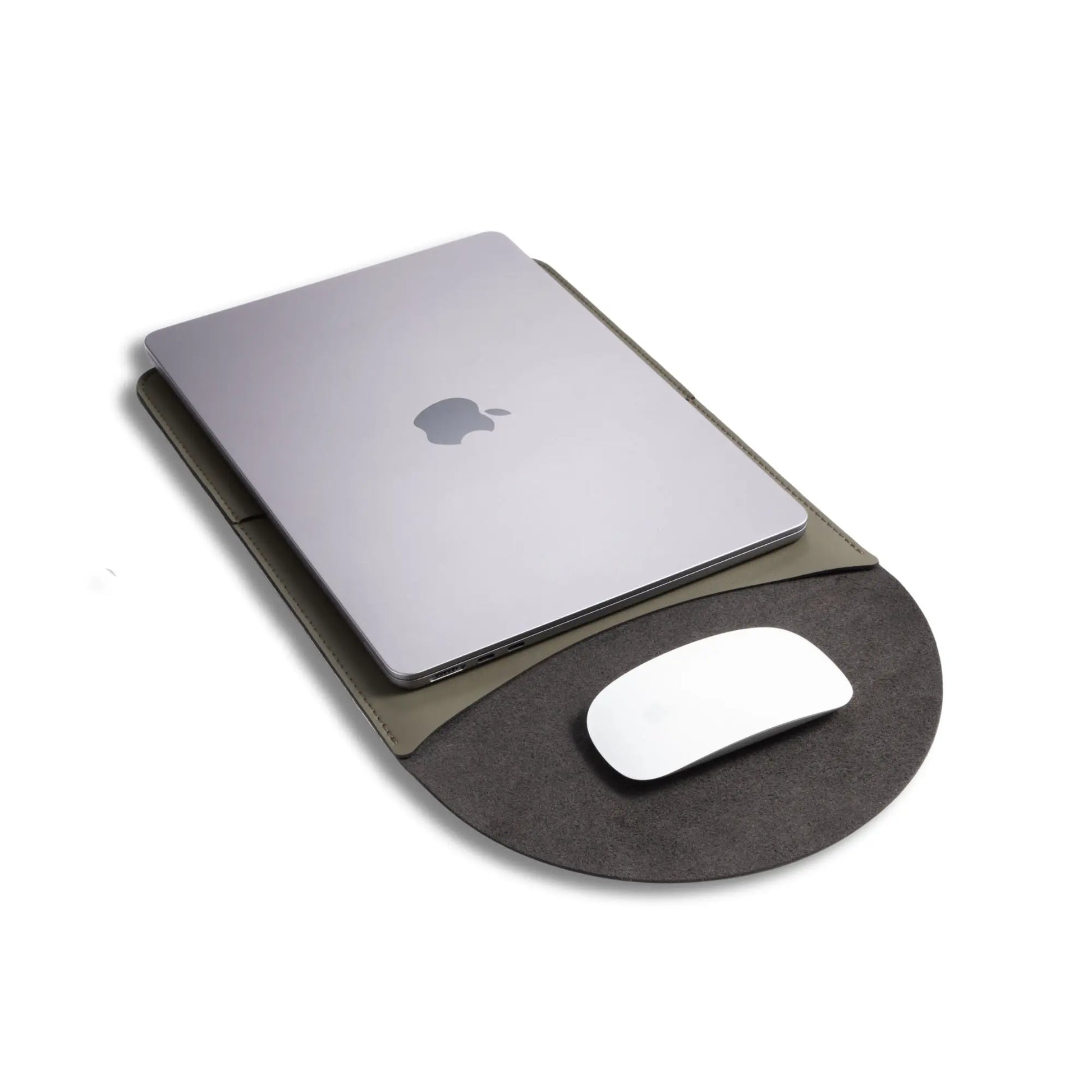 Usage view of antibacterial 3-in-1 leather laptop sleeve in olive green with MacBook and Magic Mouse.