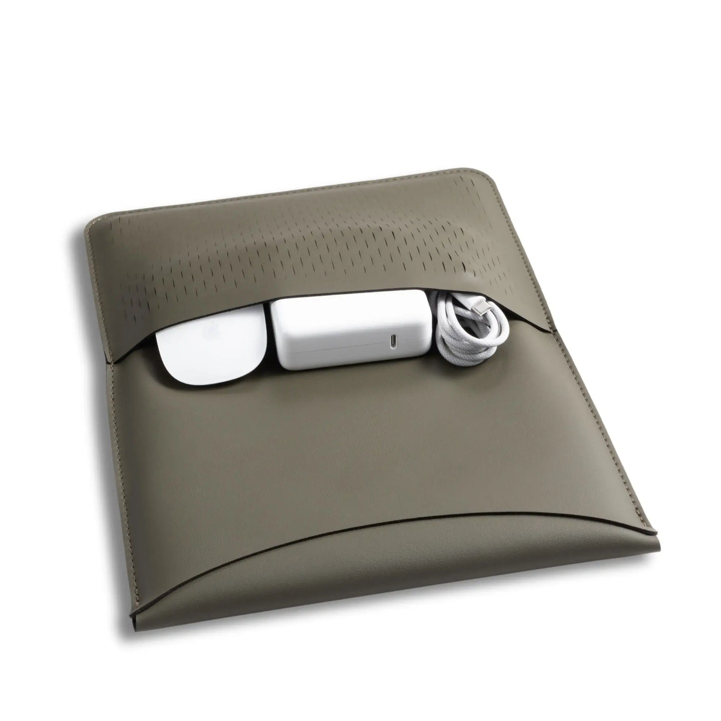 Detail of honeycomb pouch with Magic Mouse and power adapter storage on antibacterial 3-in-1 olive green MacBook leather sleeve.