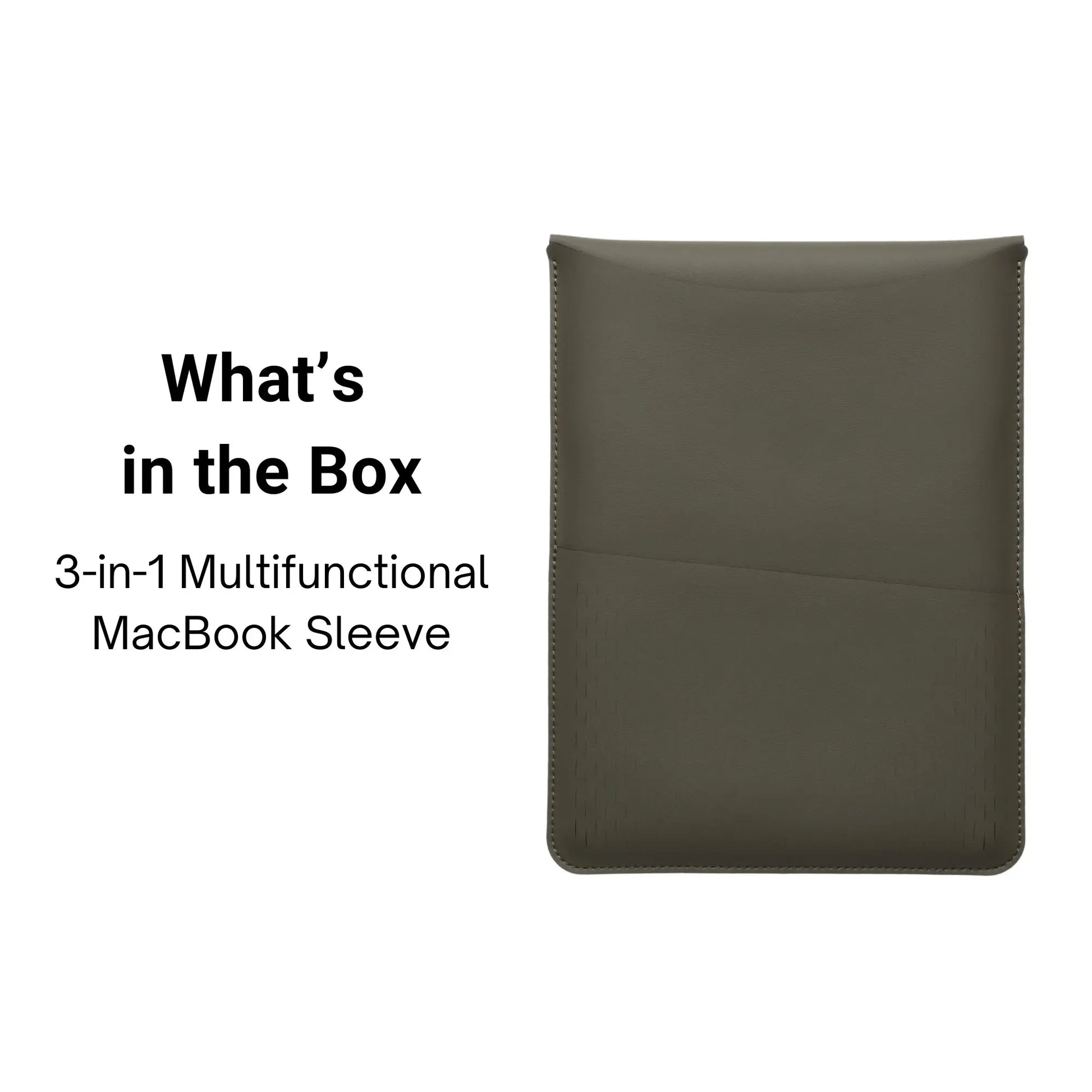 Packaging view of antibacterial 3-in-1 MacBook leather sleeve in olive green.