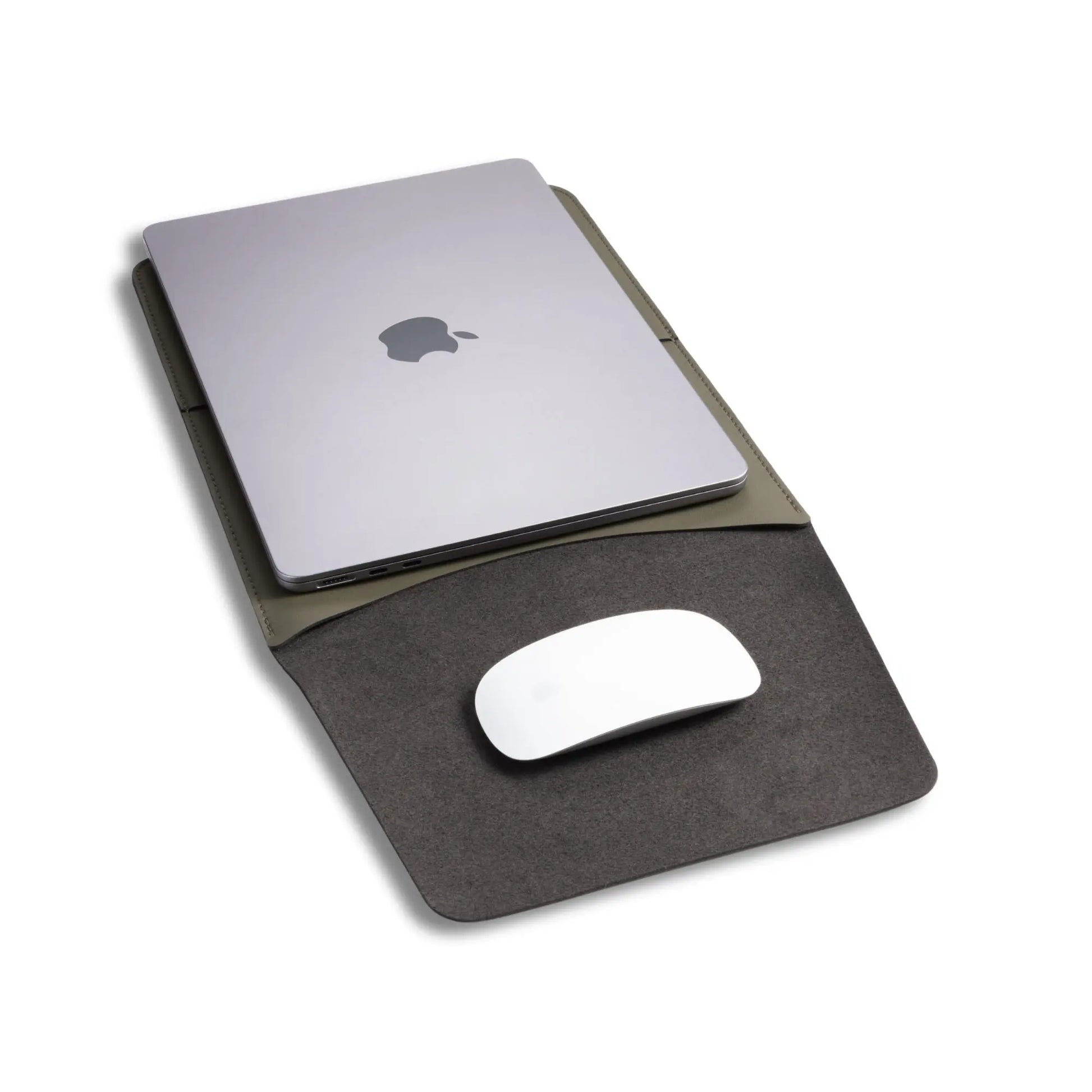 Usage view of antibacterial 3-in-1 olive green MacBook leather sleeve with MacBook and Magic Mouse.