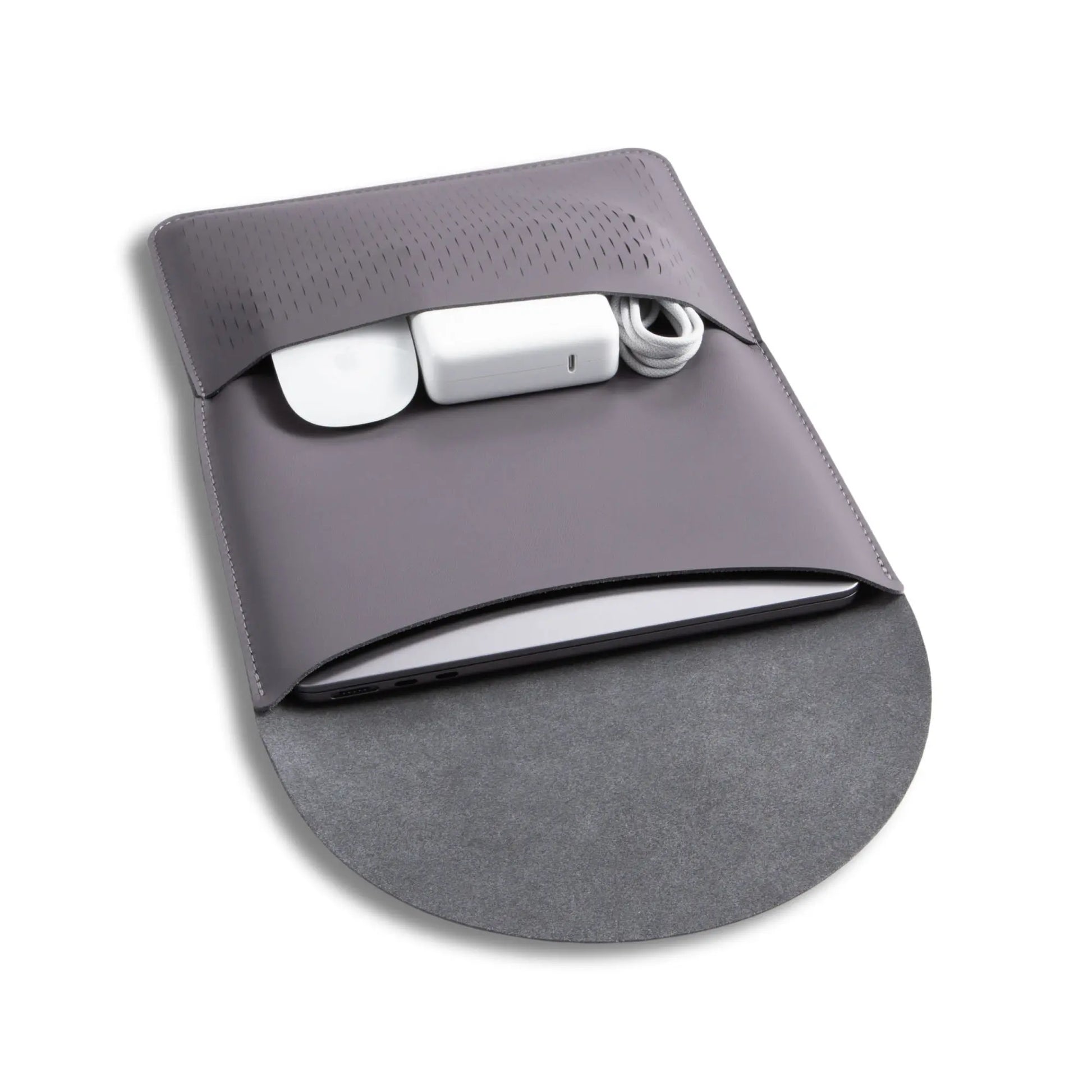 Open view of antibacterial 3-in-1 vintage gray MacBook leather sleeve.