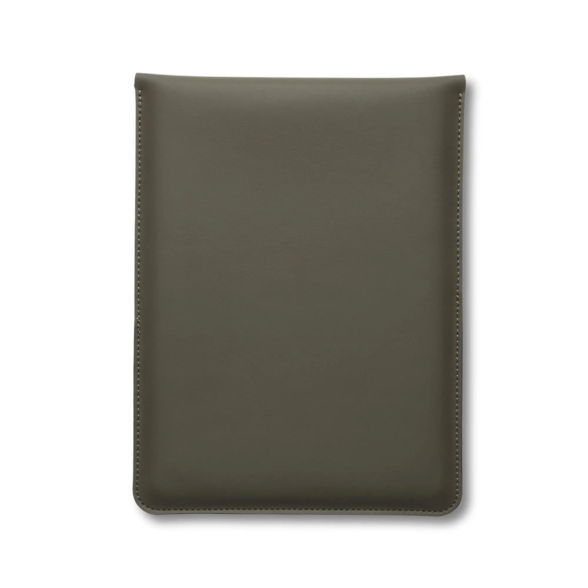 Back view of antibacterial 3-in-1 leather MacBook sleeve in olive green.