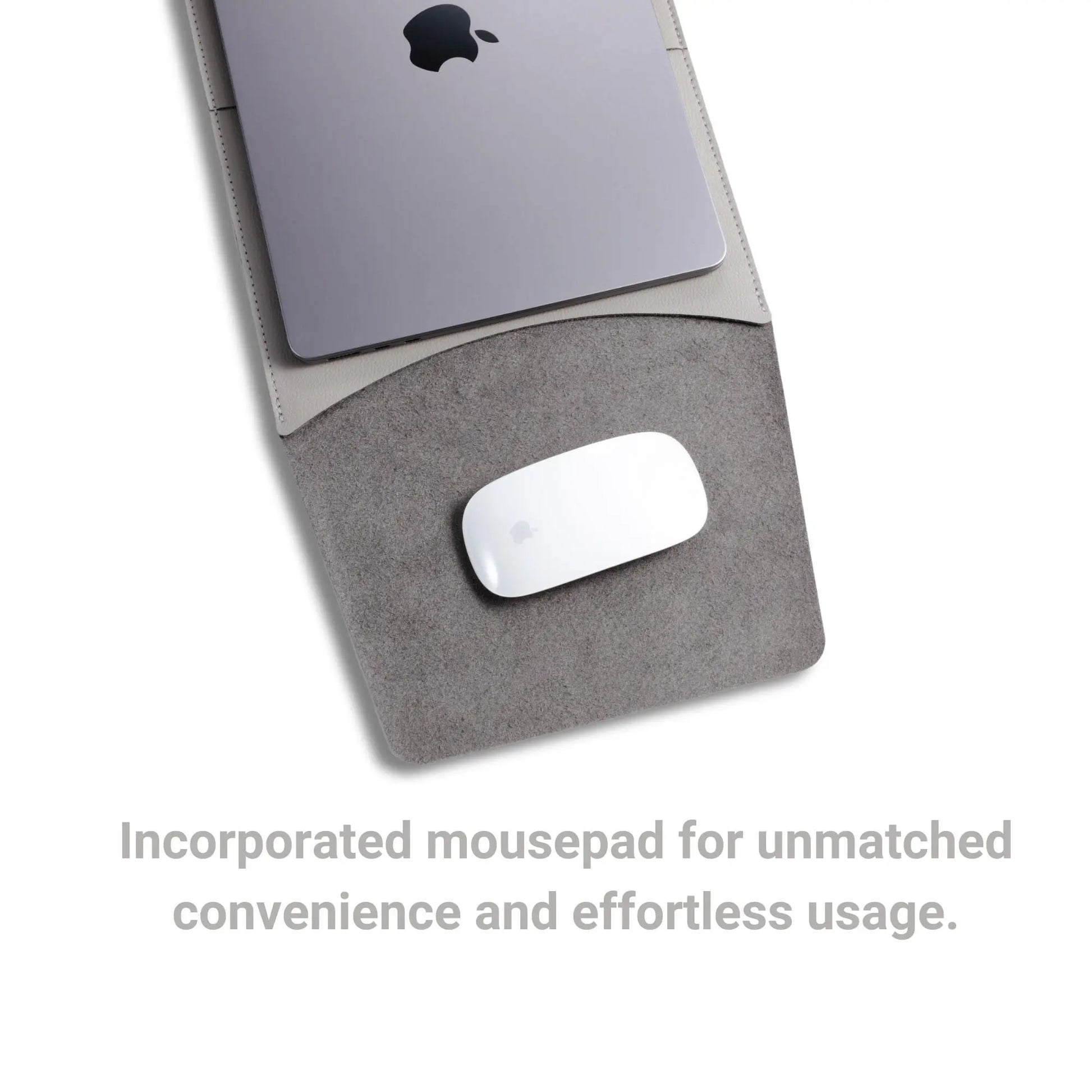 Detail of built-in square mouse pad on slim 3-in-1 MacBook sleeve - light gray.