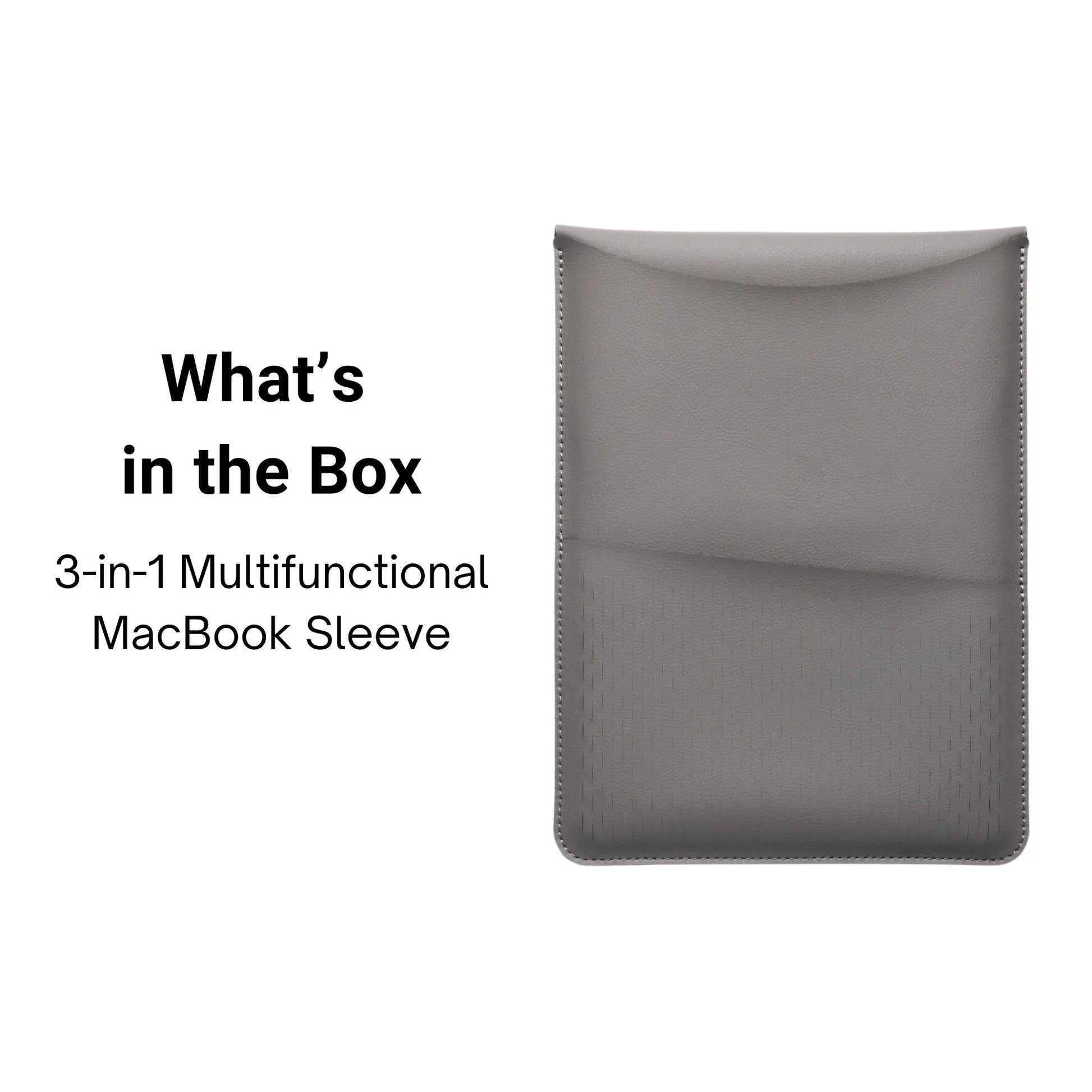 Packaging view of slim 3-in-1 MacBook leather sleeve - dark gray.