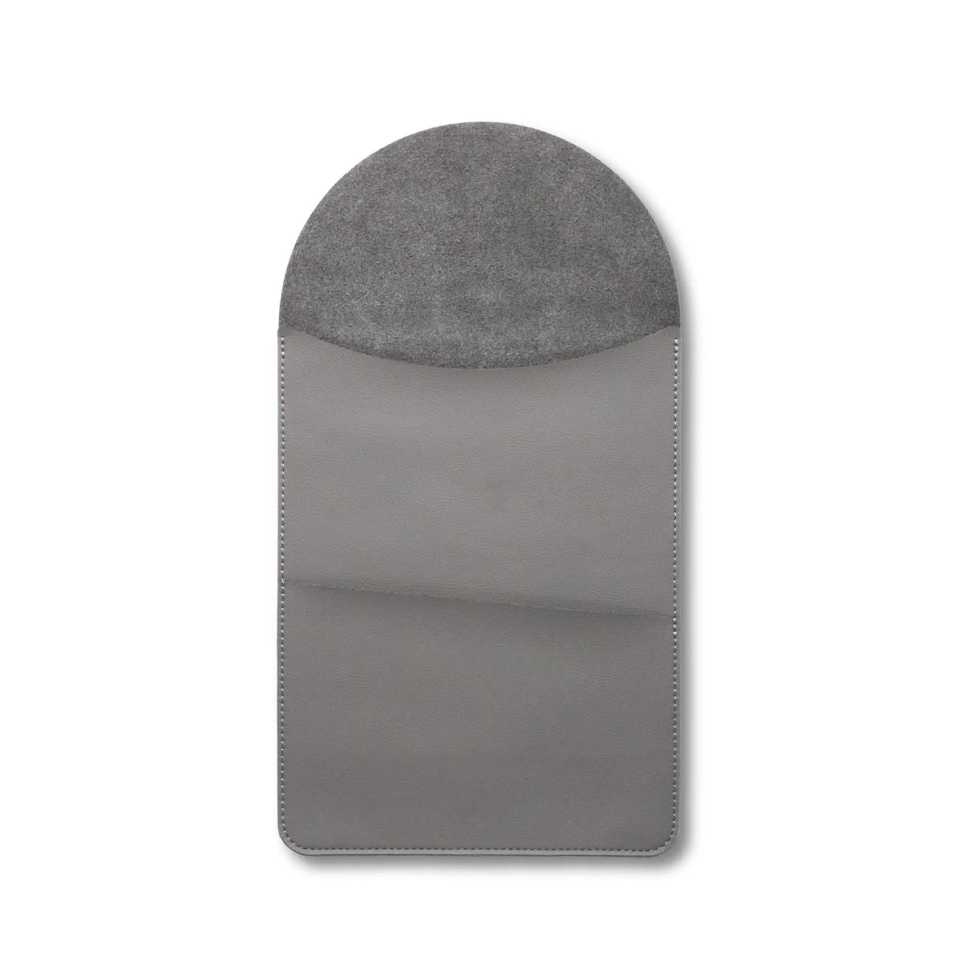  Front view of slim 3-in-1 MacBook leather sleeve with built-in round mouse pad - dark gray.