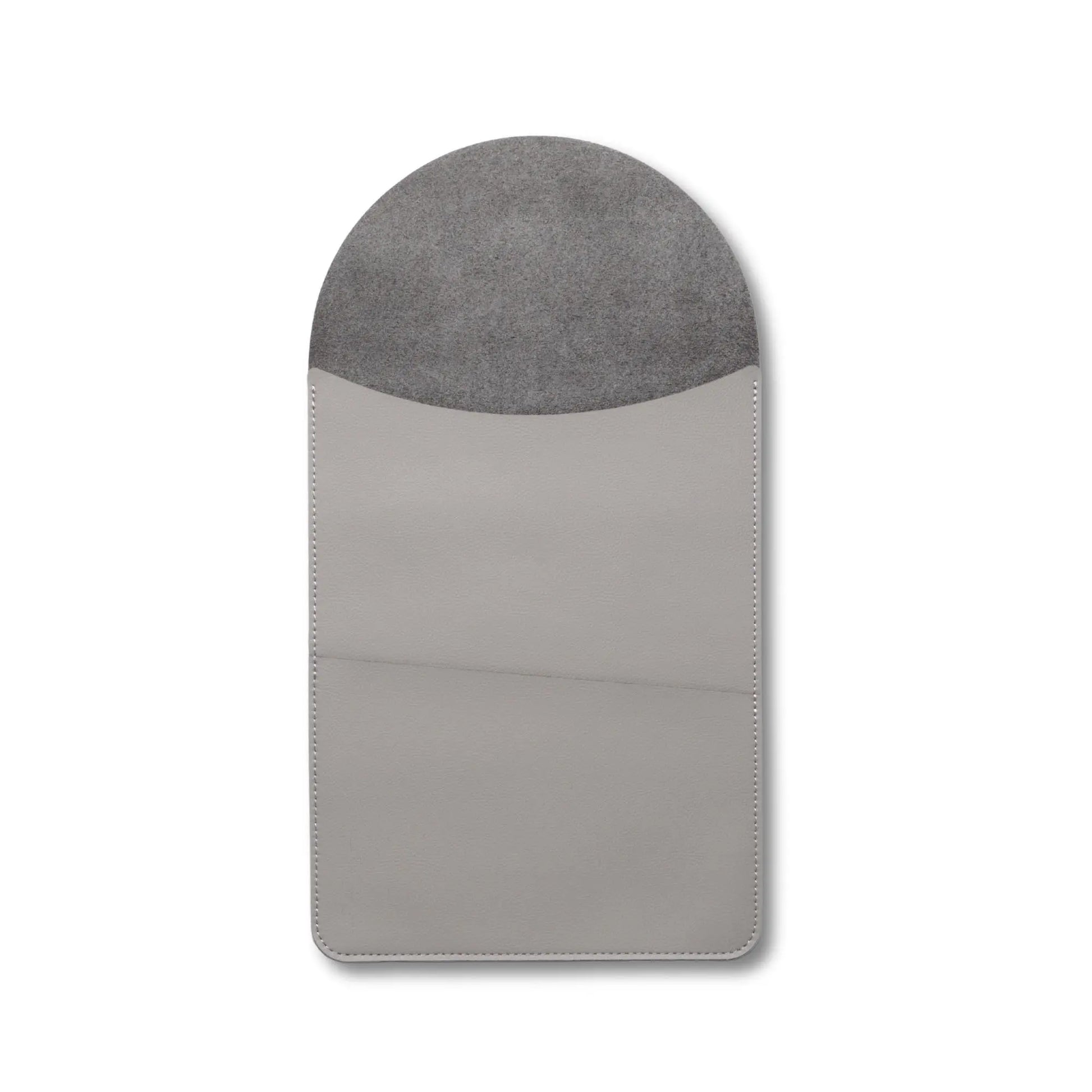 Front view of slim 3-in-1 MacBook leather sleeve with built-in round mouse pad - light gray.