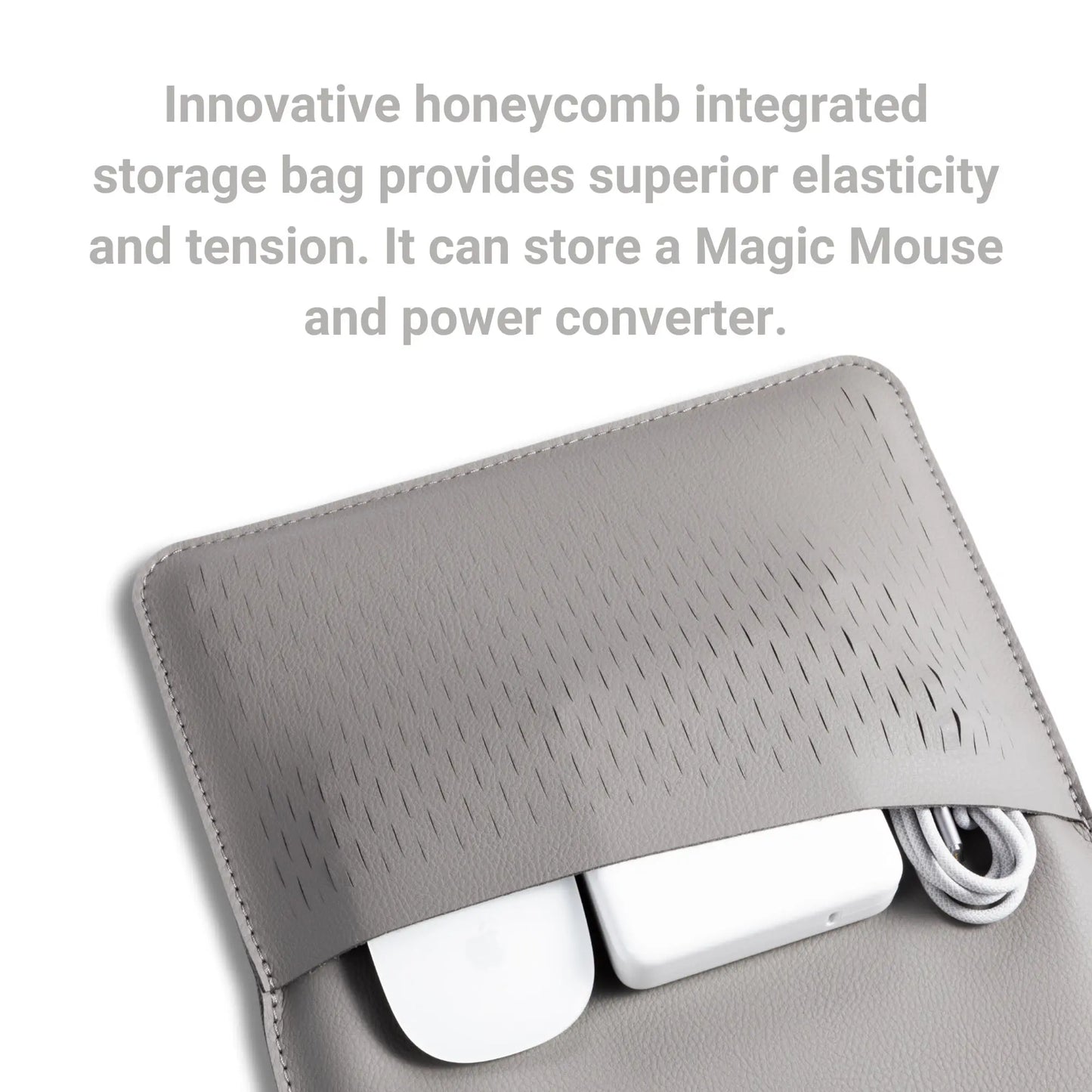 Detail of honeycomb pouch on slim 3-in-1 MacBook sleeve - dark gray.