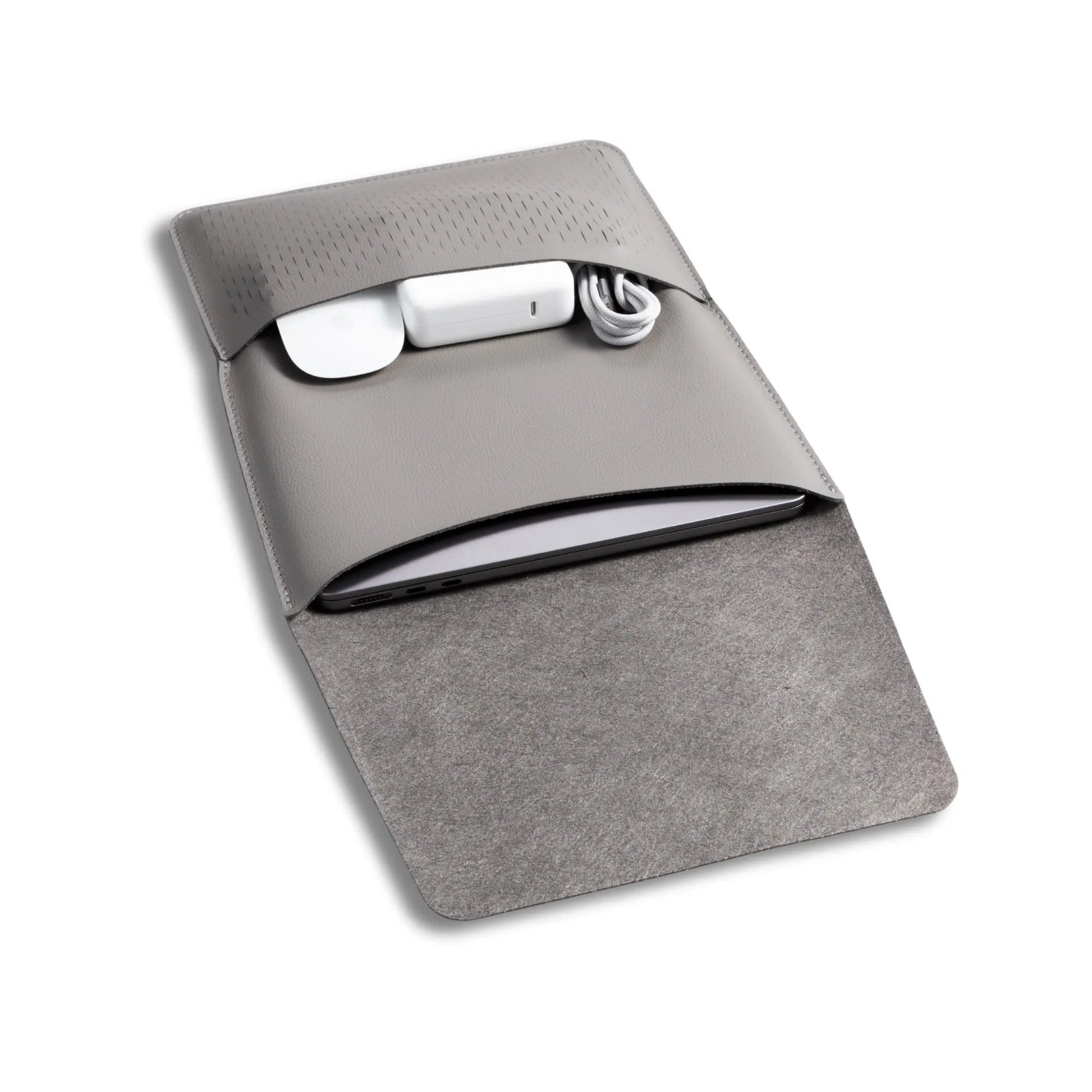 Open view of slim 3-in-1 MacBook sleeve with built-in square mouse pad - dark gray.