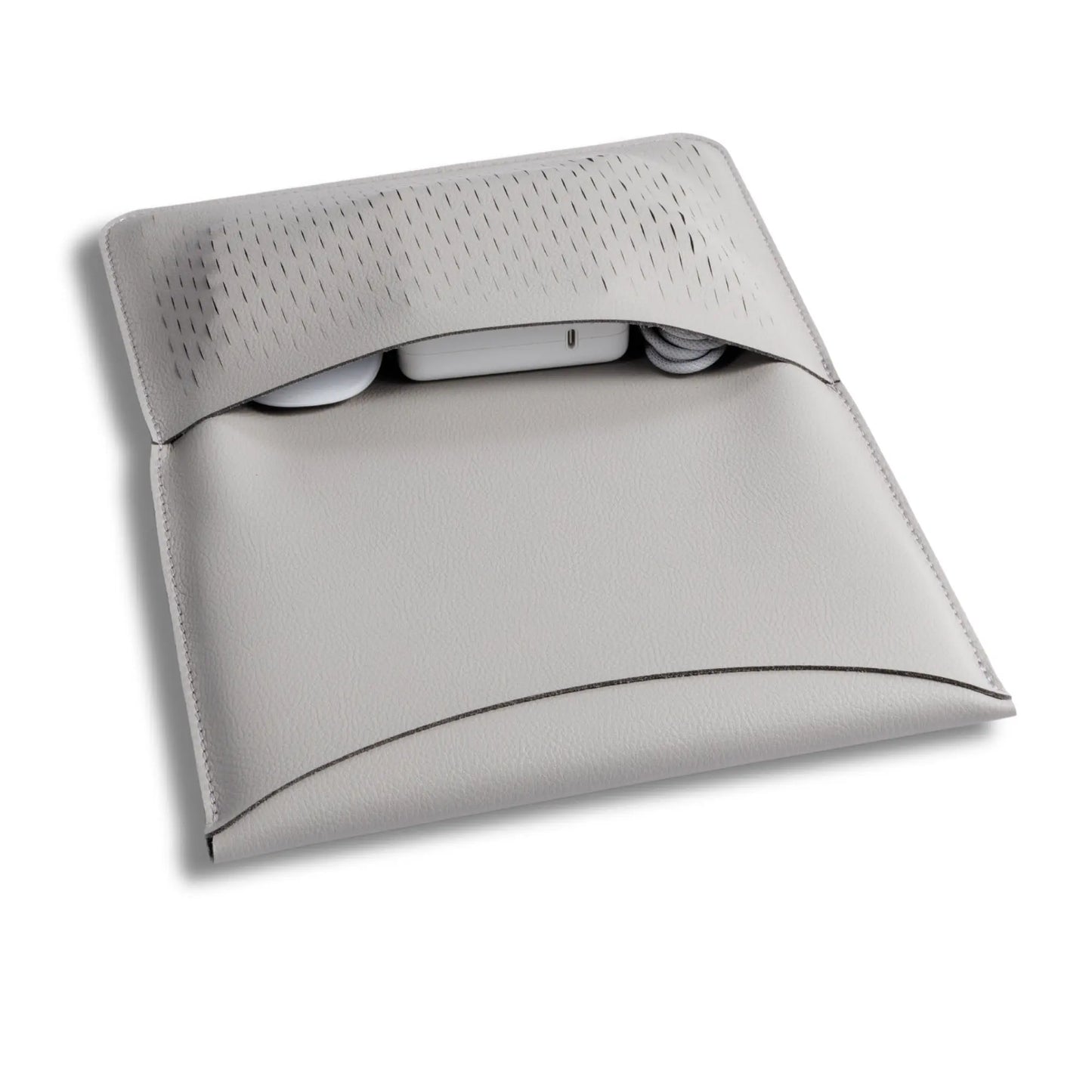 Accessories inside the slim 3-in-1 MacBook sleeve with built-in square mouse pad - light gray.