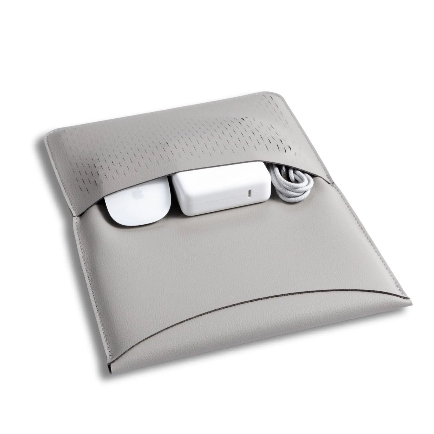 Closed view of slim 3-in-1 MacBook sleeve with built-in square mouse pad - light gray.