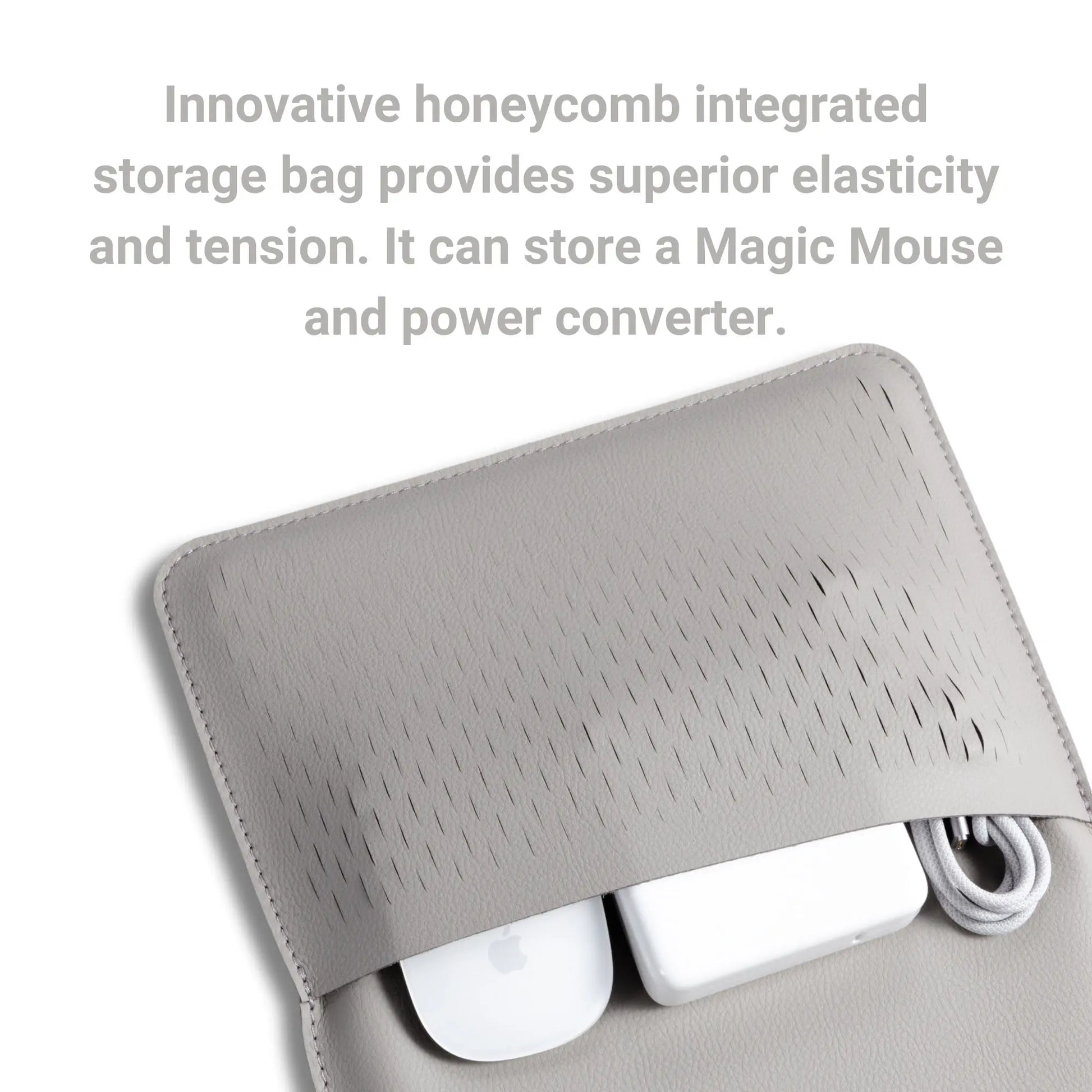 Detail of honeycomb pouch on slim 3-in-1 MacBook sleeve - light gray.