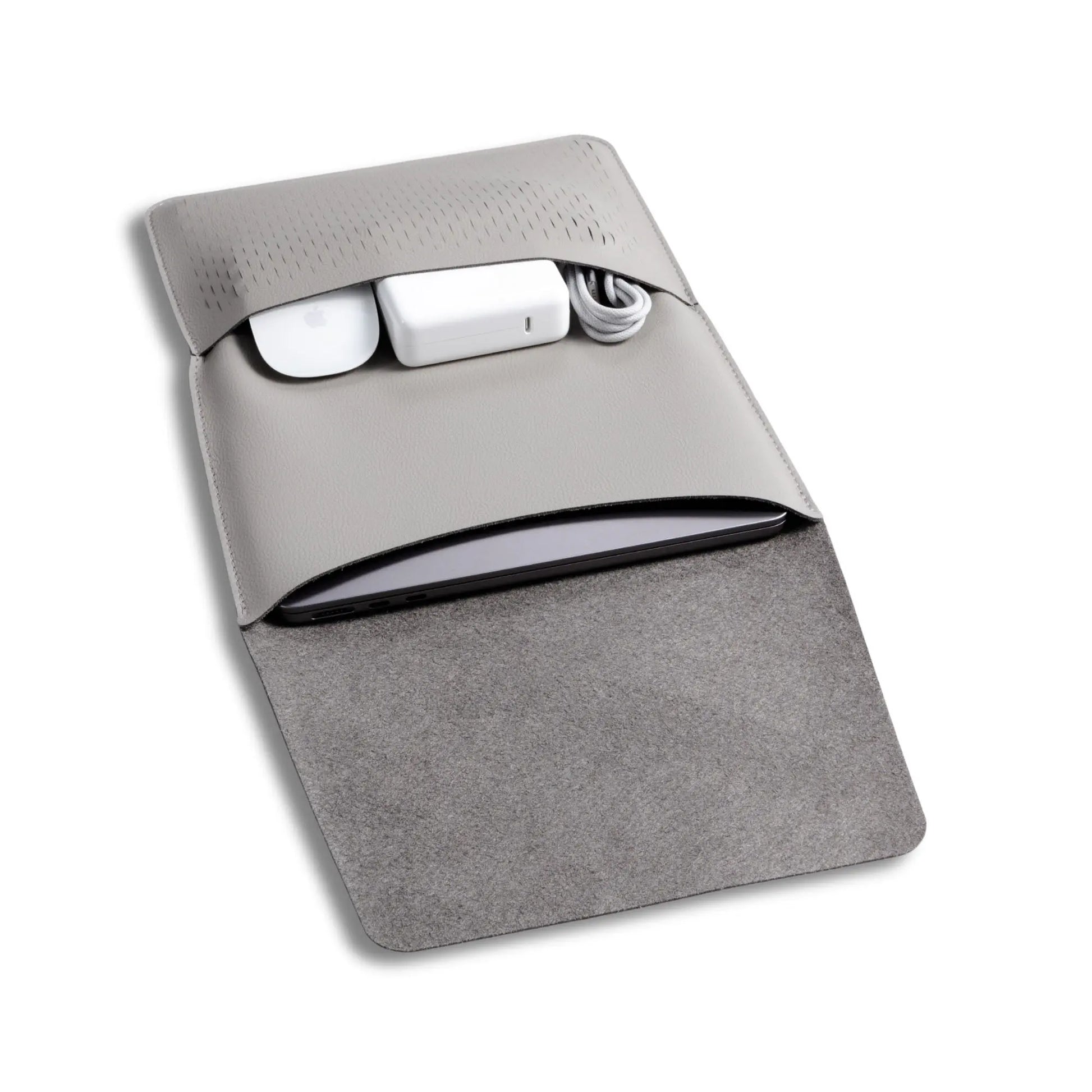 Open view of slim 3-in-1 MacBook sleeve with built-in square mouse pad - light gray.