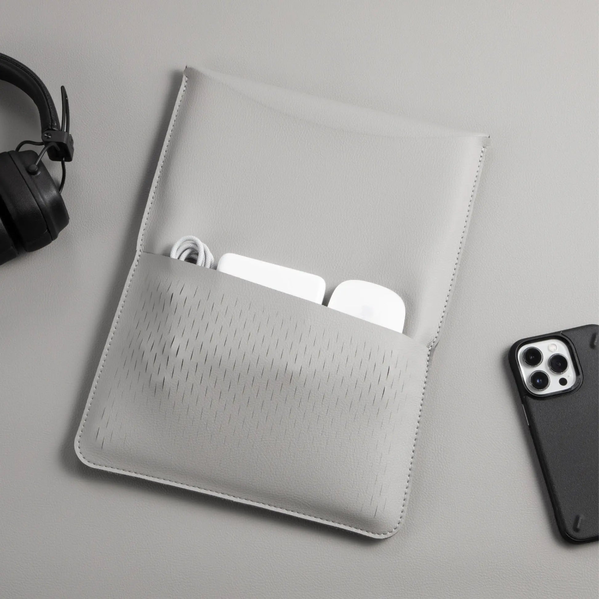 Top view of slim 3-in-1 MacBook sleeve with built-in square mouse pad - light gray.